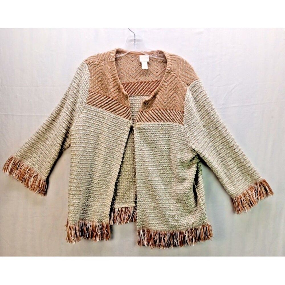 Chico's Womens Brown Cream Gold Knit Fringe Hem Cardigan Size 3